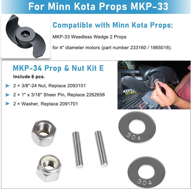Camoo Prop Nut Kit E MKP-34 For Minn Kota Shear Pin Compatible with Minn Kota Trolling Motor MKP-33 Weedless Wedge 2 Props Including Prop Nuts & Washers 1865019 - Image 3