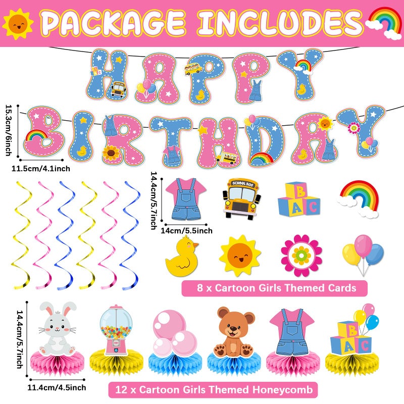 ojustbeok Girls Party Decorations Happy Birthday Banner English Teacher Honeycomb Centerpiece for Tables Cartoon Girls Hanging Swirl Decoration for English Teacher Birthday Baby Shower Party Suppliesï¼ˆCartoonï¼‰ - Image 2