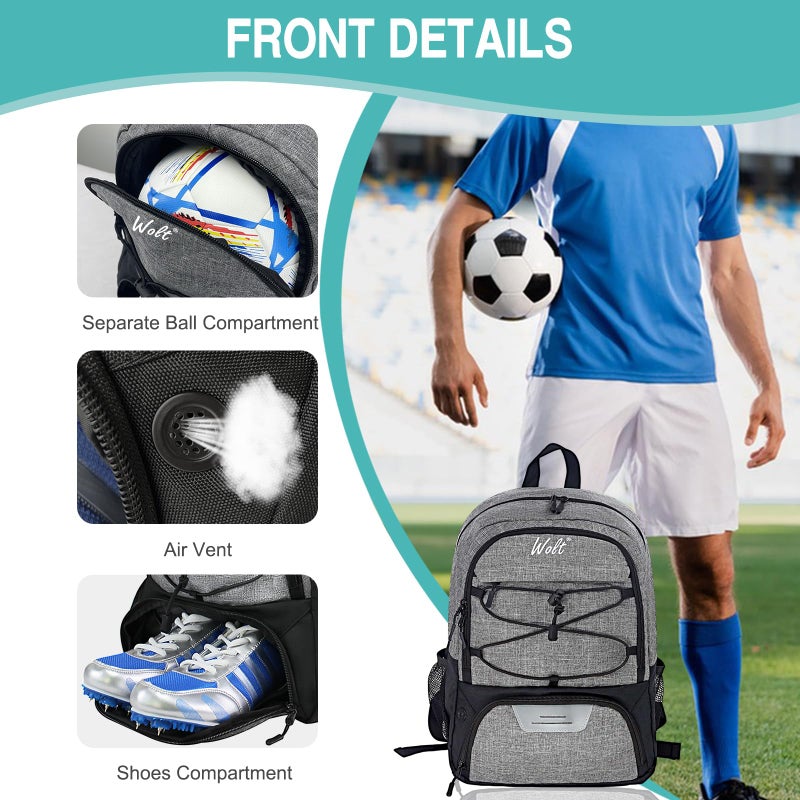 WOLT | Youth Soccer Bag, Soccer Backpack, Basketball Backpack with Cleat Shoe and Ball Compartments Sports Backpack for Volleyball Football for Men Women (Grey) - Image 3