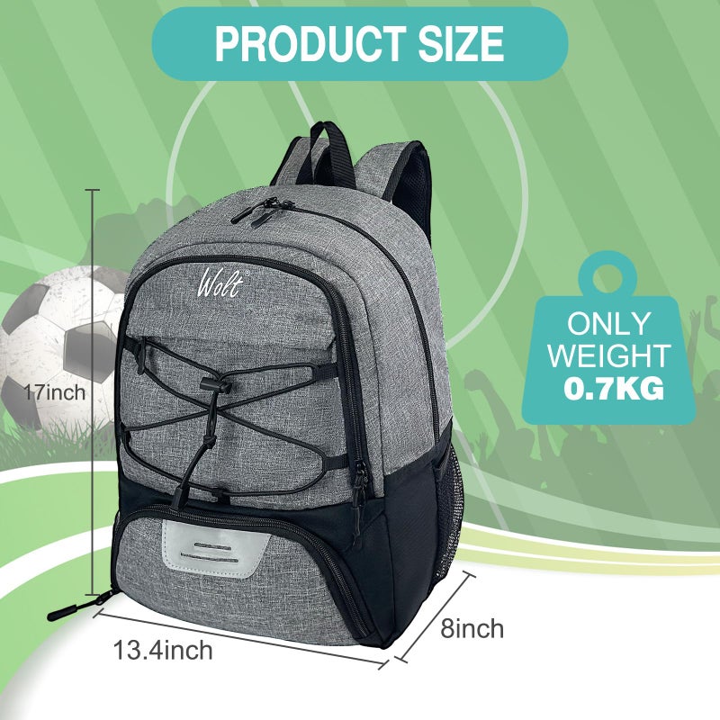 WOLT | Youth Soccer Bag, Soccer Backpack, Basketball Backpack with Cleat Shoe and Ball Compartments Sports Backpack for Volleyball Football for Men Women (Grey) - Image 2