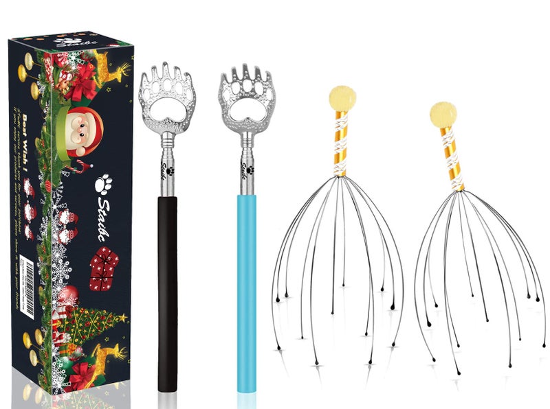 StaiBC Stocking Stuffers 2Pack Bear Claw Telescopic Back Scratcher Plus 2Pack Head Massager Scalp Scratcher Gold Handheld Head Massage Tingler Suitable for Head RelaxationBody Tickle
