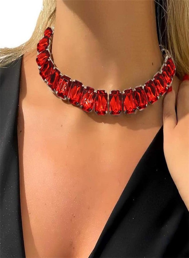 YERTTER Elegant Full Red Rhinestone Choker Chunky Chain Luxury Rhinestone Collar Statement Clavicle Choker Necklace Adjustable for Party Music Bar Women （Red） - Image 1