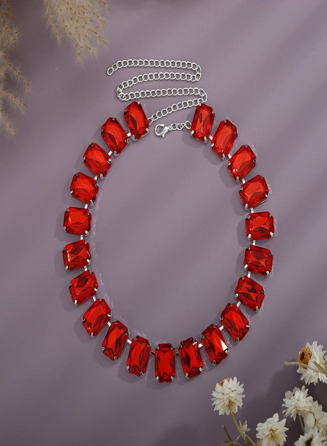 YERTTER Elegant Full Red Rhinestone Choker Chunky Chain Luxury Rhinestone Collar Statement Clavicle Choker Necklace Adjustable for Party Music Bar Women （Red） - Image 2