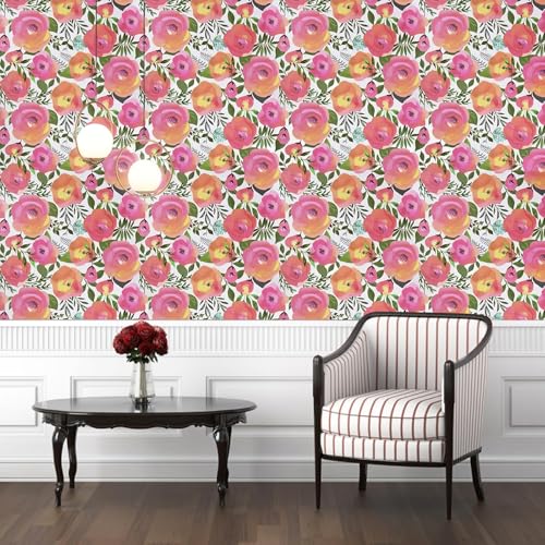 WENMER Pink Floral Wallpaper 17.7" x 196" Peel and Stick Peach Pink Flower Wallpaper Decorative Watercolor Removable Wall Paper for Dresser Cabinet Shelf Liner Bedroom Bathroom Accent Walls - Image 2