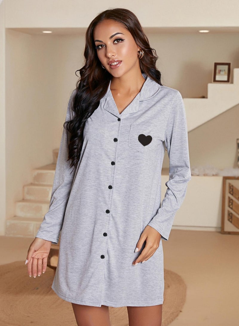 Loquat Women's Loose Lapel Nightgown Dress Long Sleeve Nightdress Soft Loungewear Homewear Grey - Image 1