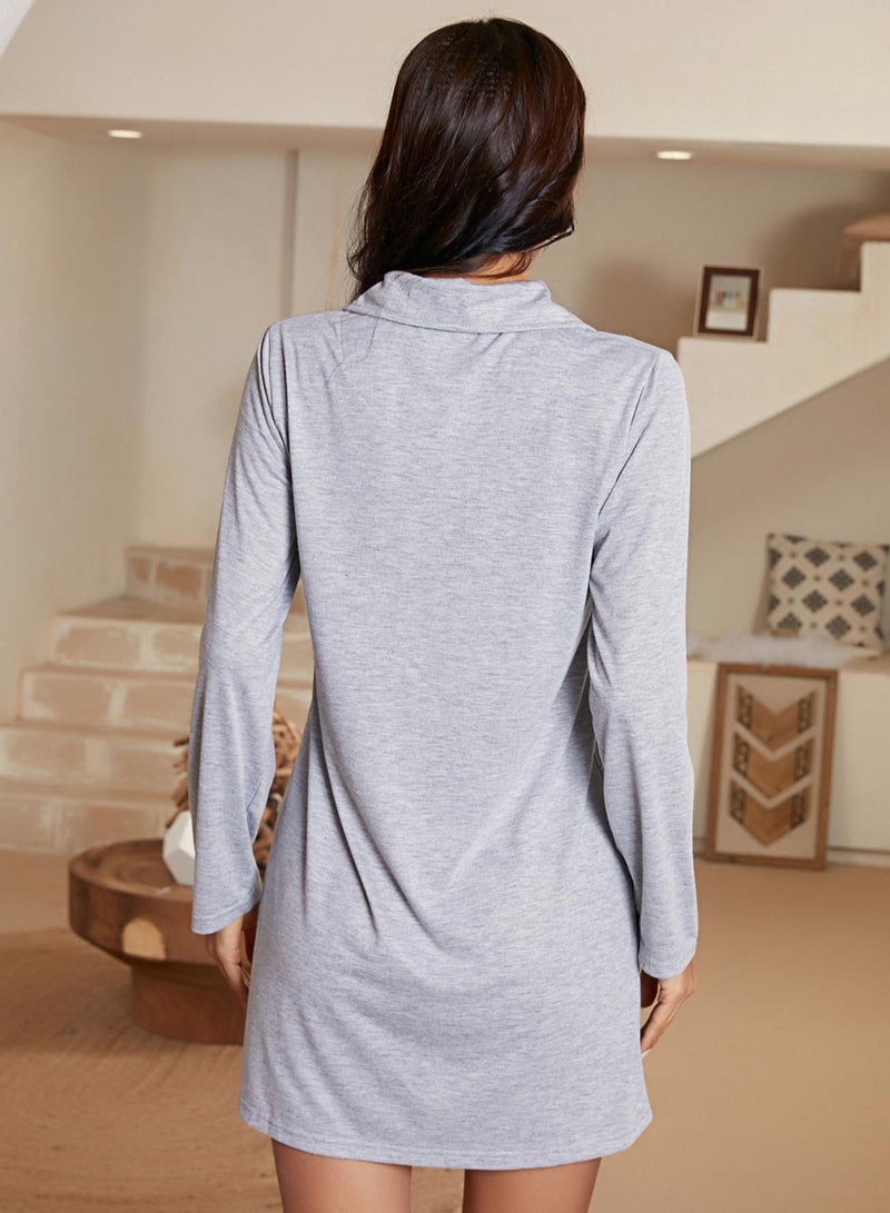 Loquat Women's Loose Lapel Nightgown Dress Long Sleeve Nightdress Soft Loungewear Homewear Grey - Image 3