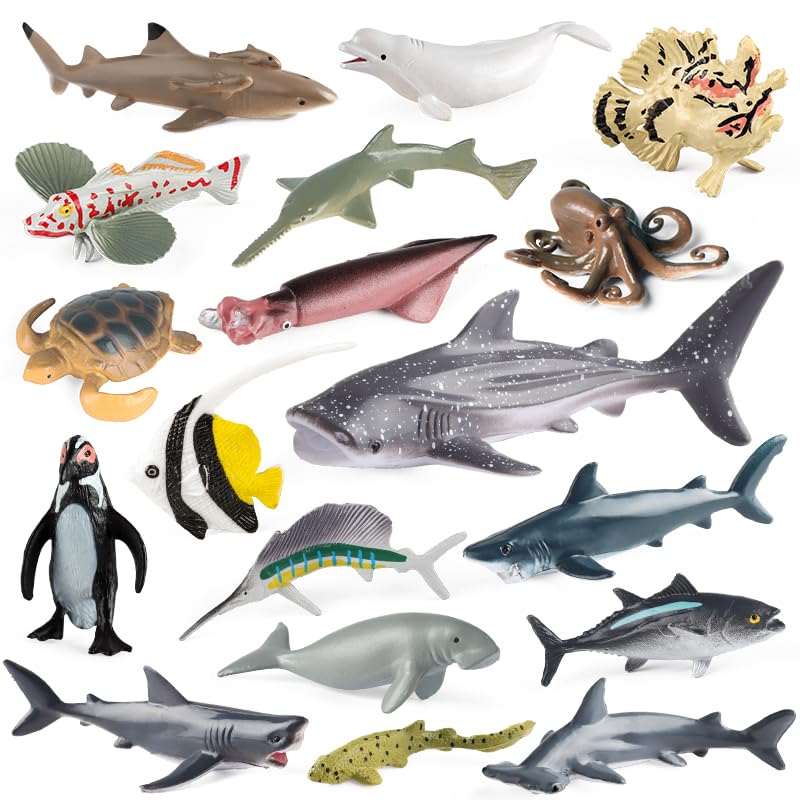 SCAHOW 18pcs Ocean Animal Figurines Realistic Sea Creatures Toys Sharks Dolphins Penguins Turtles Octpus More for Kids Toddlers 3 4 5 6 7 Years Old - Image 1