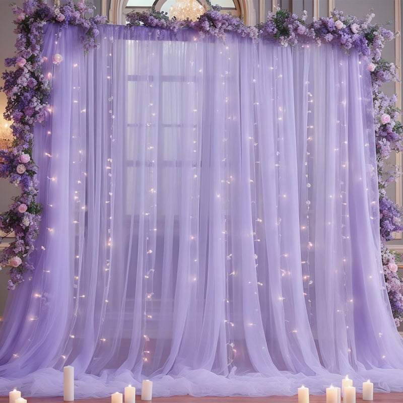 10x10ft Purple Tulle Backdrop Curtain with Lights String for Parites Sheer Backdrop Curtains for Wedding Baby Shower Birthday Party Photo Shoot Decorations