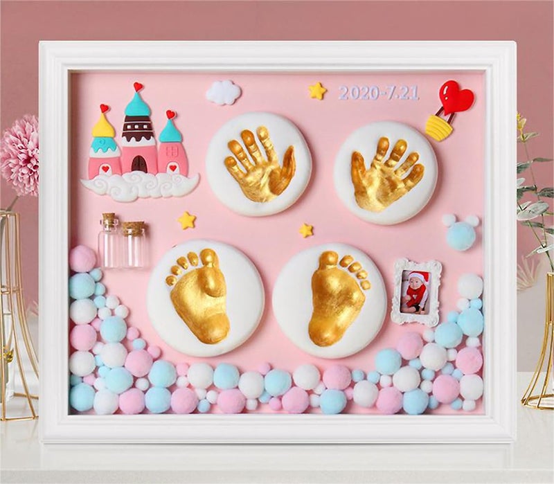 PATPAT® Baby Clay Footprint & Hand Print Kit Golden Paints Baby Hand & Foot Clay Kit with 12 Inches Photo Frame & Accessories Newborn Handprint and Footprint Clay Kit - Image 1