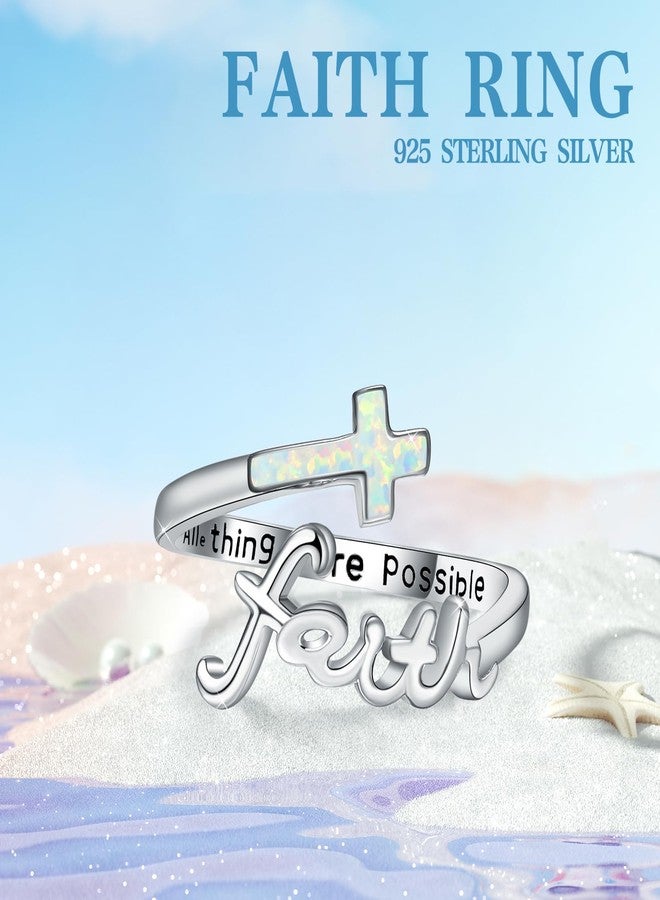 Cuoka Opal Cross Faith Ring,Sterling Silver Adjustable Open Faith Cross Religious Christian Ring with "All Things Are Possiable" Engreved Inspiring Incentive Jewerly Gifts for Women - Image 3