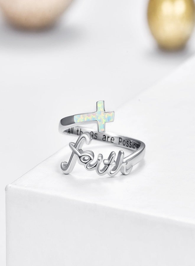 Cuoka Opal Cross Faith Ring,Sterling Silver Adjustable Open Faith Cross Religious Christian Ring with "All Things Are Possiable" Engreved Inspiring Incentive Jewerly Gifts for Women - Image 4
