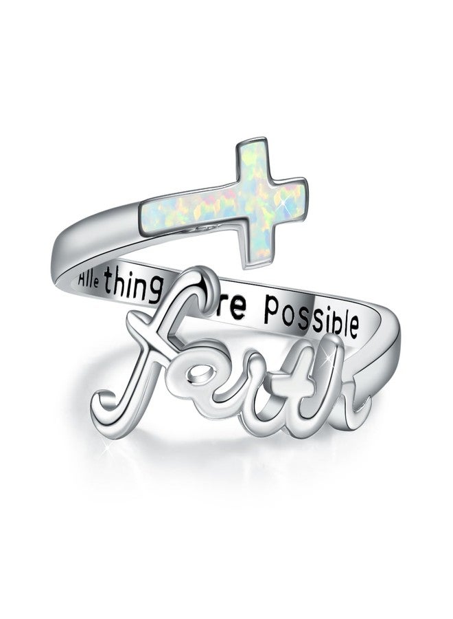Cuoka Opal Cross Faith Ring,Sterling Silver Adjustable Open Faith Cross Religious Christian Ring with "All Things Are Possiable" Engreved Inspiring Incentive Jewerly Gifts for Women - Image 1