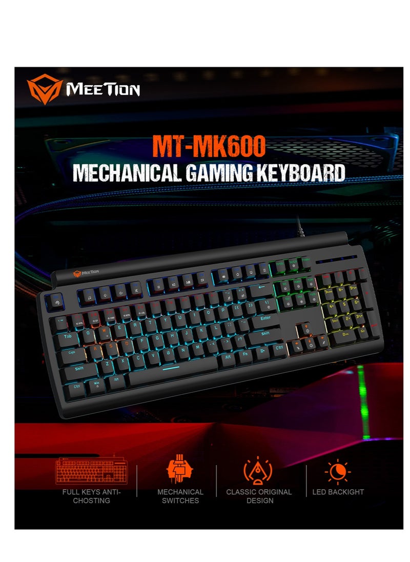 Meetion - Meetion MK600 Mechanical Keyboard Anti-ghosting Full keys No. of keys 104/105 Keyboard Type best combination of RGB lights Black Body OS Compatibility Windows XP/Vista/7/8/10  MAC OS X Interface USB - Image 1