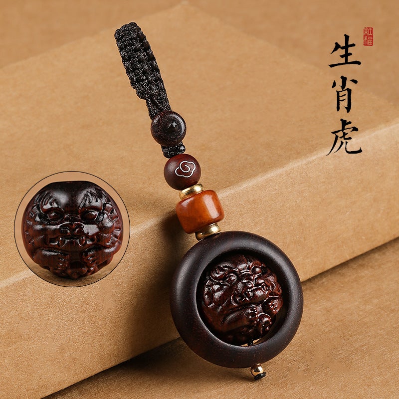 Wooden Car Keychain Pendant With Twelve Zodiac Signs, Tiger Bead, Phone Lanyard Chain For Men And Women, Couple'S Birth Year Keychain - Image 1