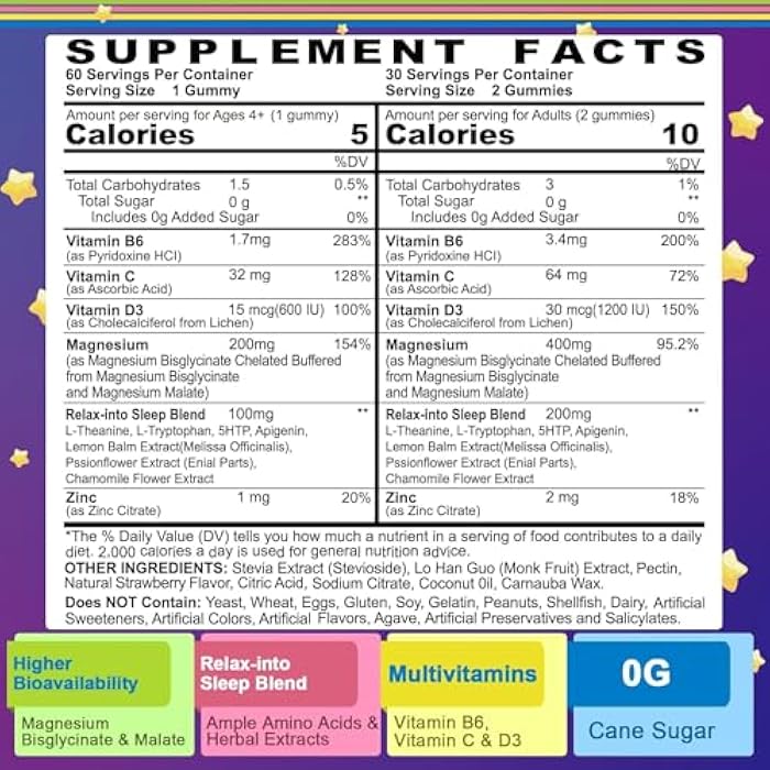 NEVISS Magnesium Glycinate Gummies for Adults & Kids 4+, Sugar Free Magnesium Bisglycinate Supplement 400/200mg with B6D3, 5HTP, L-Theanine for Sleep & Relaxation, Brain, Muscle, Melatonin Free Gummies,1Pack - Image 3