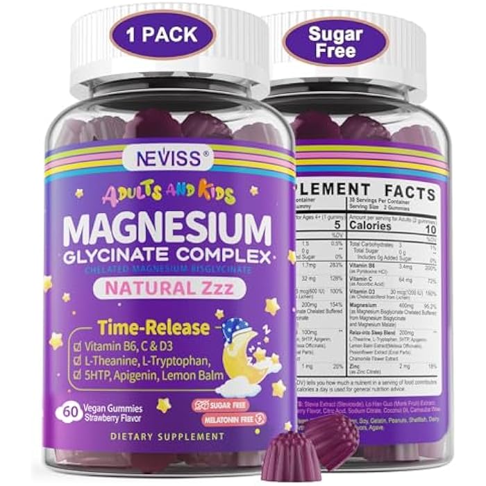 NEVISS Magnesium Glycinate Gummies for Adults & Kids 4+, Sugar Free Magnesium Bisglycinate Supplement 400/200mg with B6D3, 5HTP, L-Theanine for Sleep & Relaxation, Brain, Muscle, Melatonin Free Gummies,1Pack - Image 1