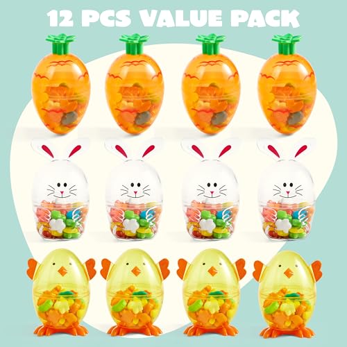 SYNCFUN 12pcs Easter Candy Filled Eggs Shell Carrot, Chick and Bunny Shaped, Includes Duck, Chick and Bunny Shaped Candies, Easter Basket Fillers, Easter Gifts for Kids, Easter Egg Hunt, Party Favors - Image 2