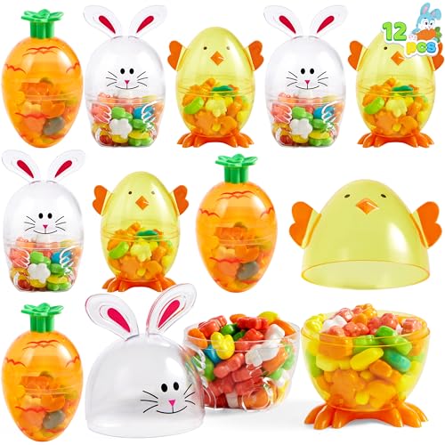 SYNCFUN 12pcs Easter Candy Filled Eggs Shell Carrot, Chick and Bunny Shaped, Includes Duck, Chick and Bunny Shaped Candies, Easter Basket Fillers, Easter Gifts for Kids, Easter Egg Hunt, Party Favors - Image 1