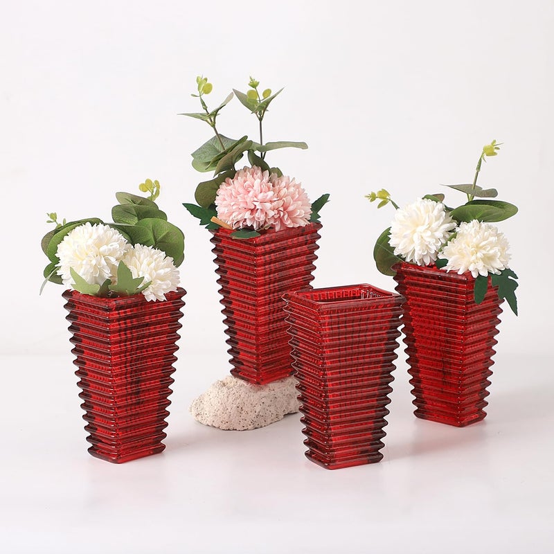 mcmcncuiu Crystal Vases Set of 4, Red Glass Vases, Crystal Vase for Centerpieces, Modern Flower Vase for Living Room, Bedroom, Kitchen, Dining Table, Shelf, Wedding, 6 Inches - Image 1