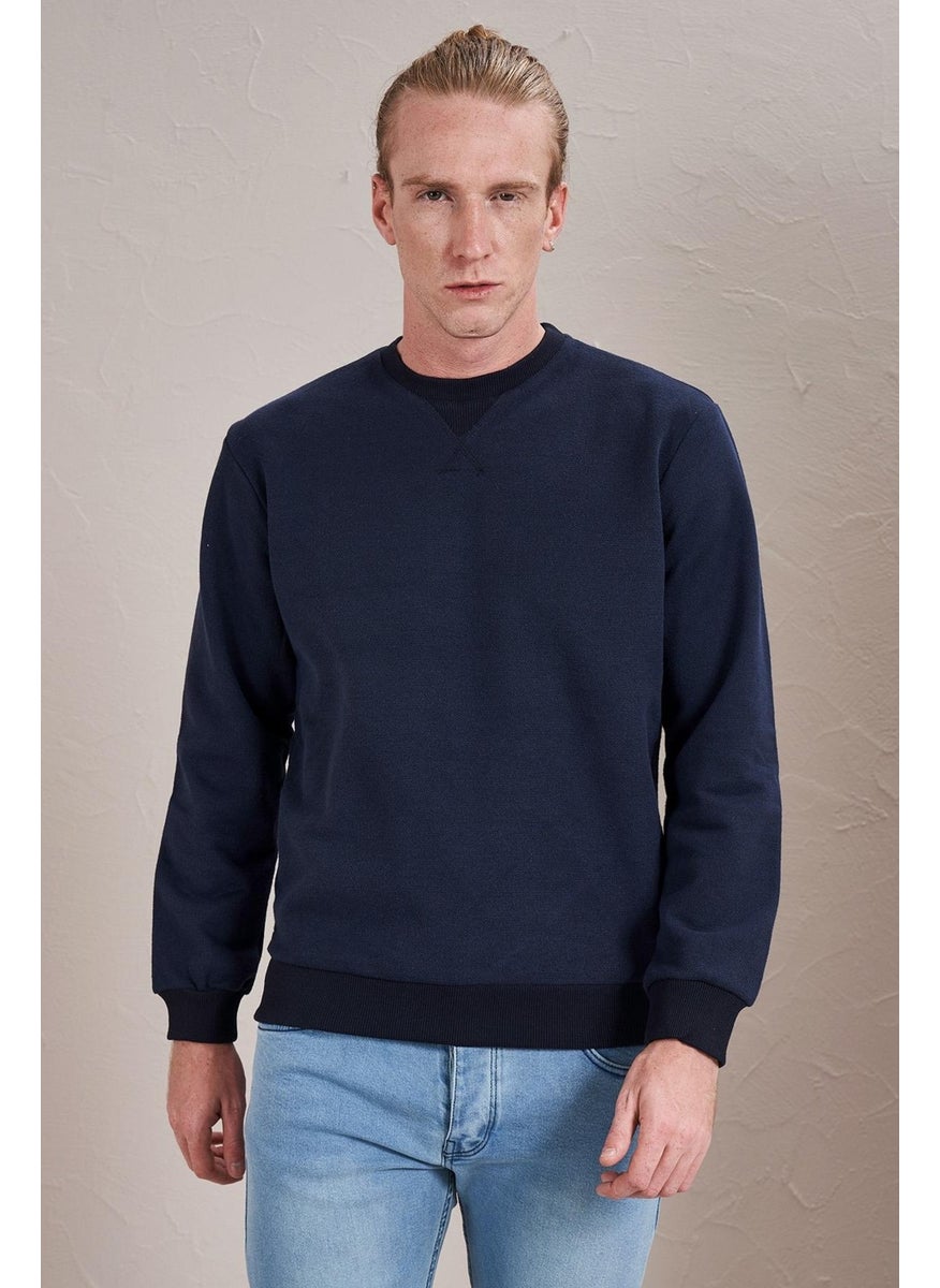 Tena Men's Navy Blue Crew Neck Front Triangle Stitched Ribbed Two Thread Sweatshirt  - Image 1