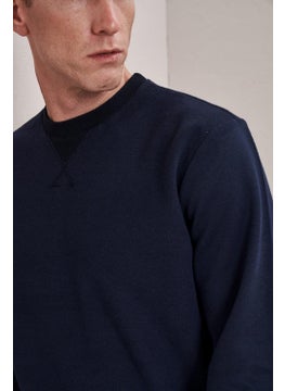 Tena Men's Navy Blue Crew Neck Front Triangle Stitched Ribbed Two Thread Sweatshirt  - Image 4