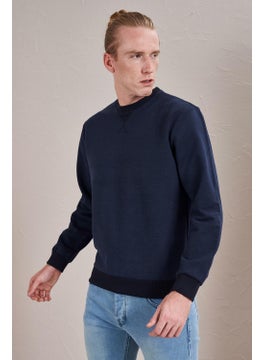 Tena Men's Navy Blue Crew Neck Front Triangle Stitched Ribbed Two Thread Sweatshirt  - Image 3