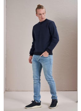 Tena Men's Navy Blue Crew Neck Front Triangle Stitched Ribbed Two Thread Sweatshirt  - Image 5