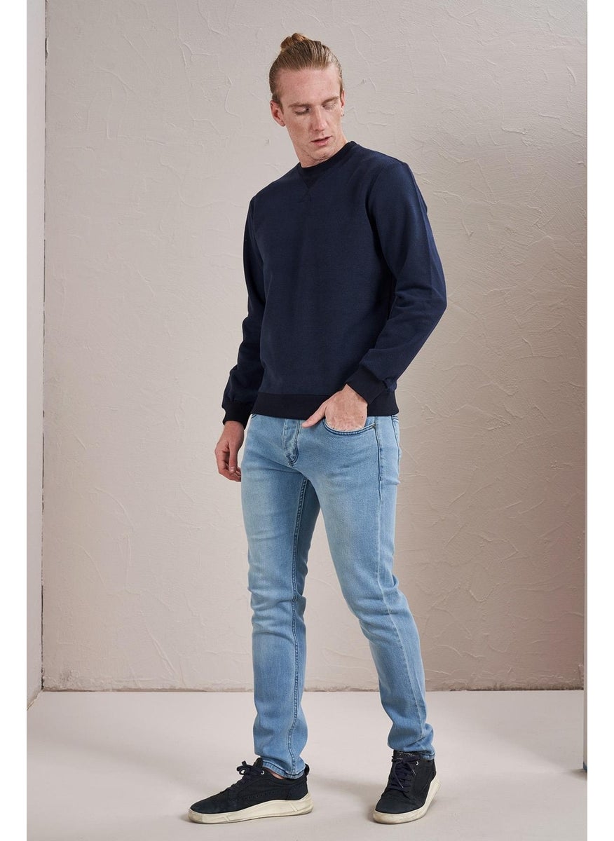 Tena Men's Navy Blue Crew Neck Front Triangle Stitched Ribbed Two Thread Sweatshirt  - Image 5