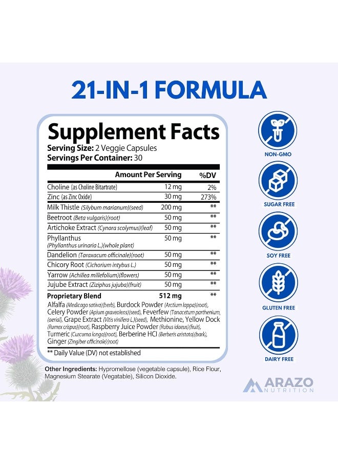 Arazo Nutrition Liver Cleanse Detox & Repair Formula – 22 Herbs Support Supplement: Milk Thistle Extracts Silymarin, Beet, Artichoke, Dandelion, Chicory Root  - Image 2