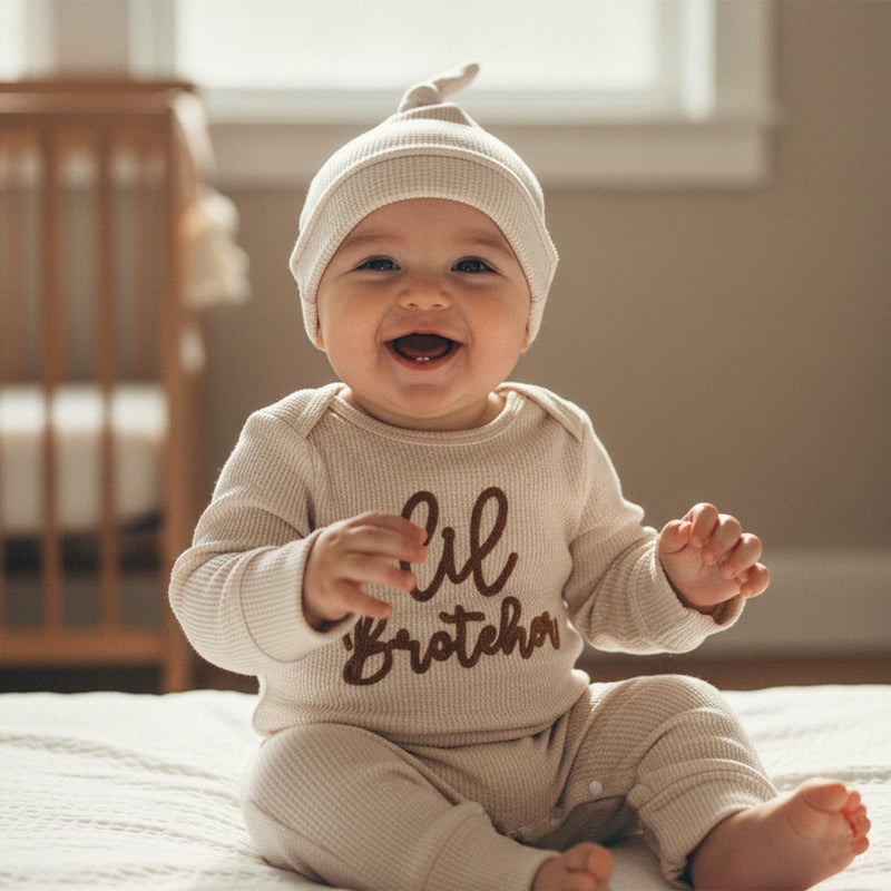 allshope Newborn Baby Boy Fall Outfit Romper Lil Bro Little Brother Long Sleeve Crew Neck Jumpsuit Bodysuit Infant Clothes (Lil Brother Waffle Khaki, 0-3 Months) - Image 5