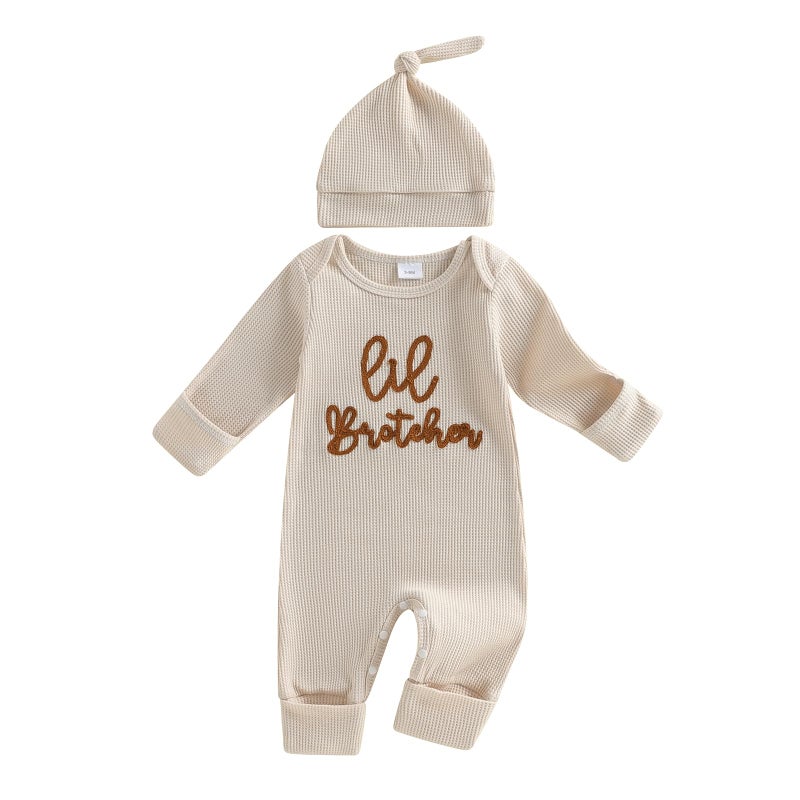allshope Newborn Baby Boy Fall Outfit Romper Lil Bro Little Brother Long Sleeve Crew Neck Jumpsuit Bodysuit Infant Clothes (Lil Brother Waffle Khaki, 0-3 Months) - Image 1