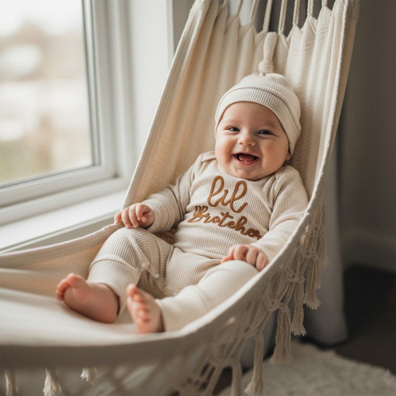 allshope Newborn Baby Boy Fall Outfit Romper Lil Bro Little Brother Long Sleeve Crew Neck Jumpsuit Bodysuit Infant Clothes (Lil Brother Waffle Khaki, 0-3 Months) - Image 4