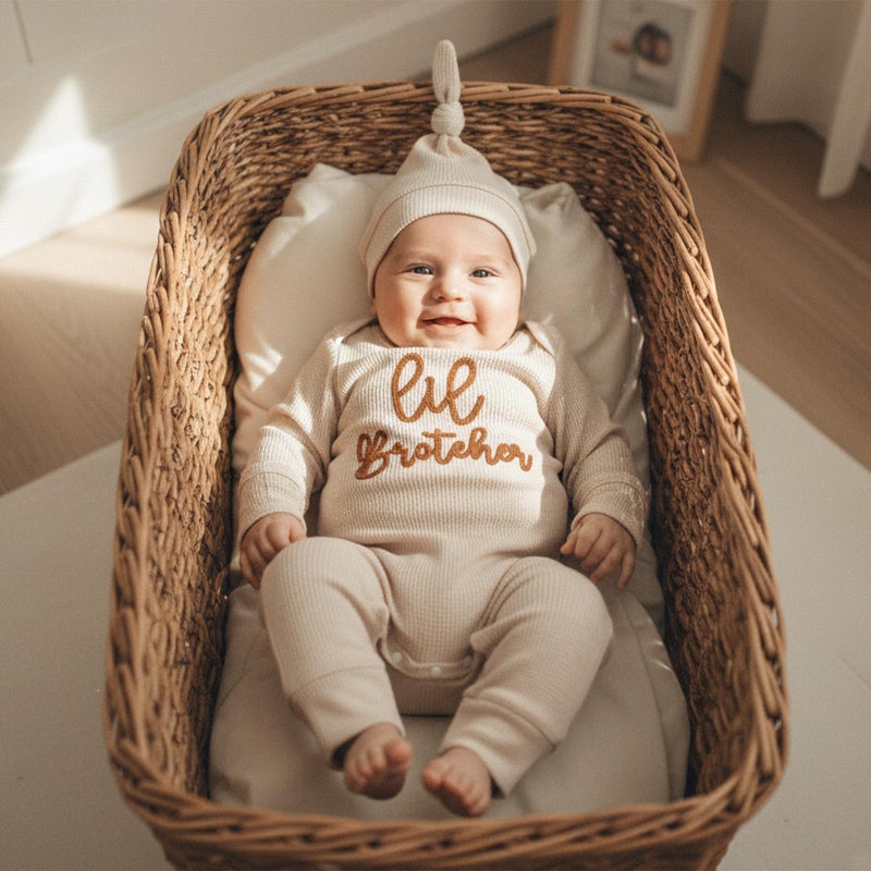 allshope Newborn Baby Boy Fall Outfit Romper Lil Bro Little Brother Long Sleeve Crew Neck Jumpsuit Bodysuit Infant Clothes (Lil Brother Waffle Khaki, 0-3 Months) - Image 2