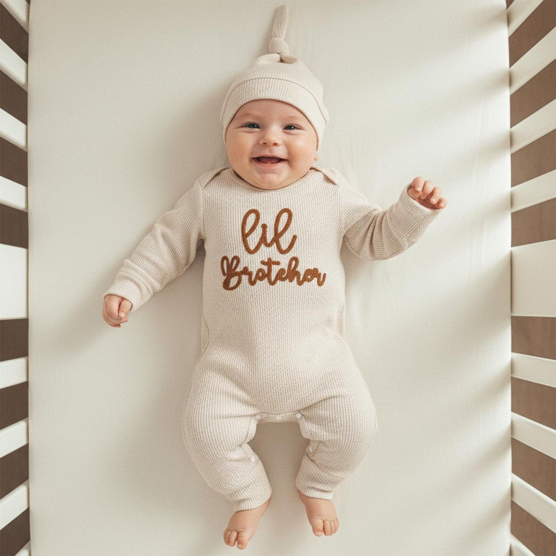 allshope Newborn Baby Boy Fall Outfit Romper Lil Bro Little Brother Long Sleeve Crew Neck Jumpsuit Bodysuit Infant Clothes (Lil Brother Waffle Khaki, 0-3 Months) - Image 3