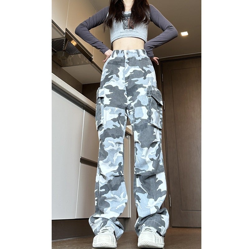 New Style Jeans Vintage High Street American Style Washed Old Loose Straight Camouflage Pocket Casual Caught Pants For Men And Women - Image 4