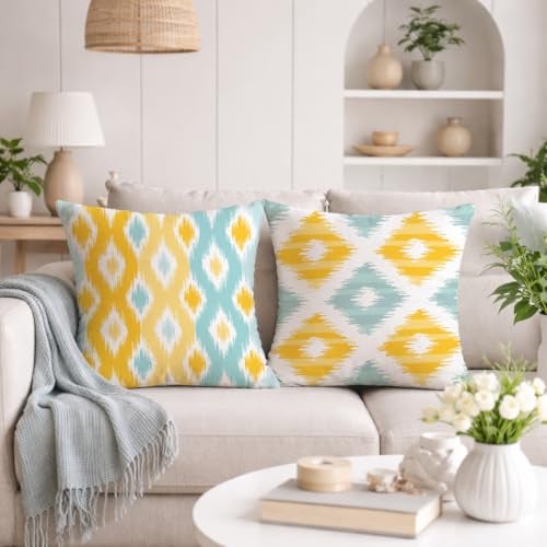 STITCHNEST Ikat Yellow Teal Printed Poly Cotton Cushion Covers, Yellow Teal Combo Set of 2 (24 x 24 Inches with Filler) - Image 1