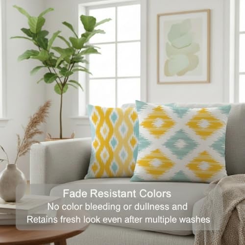 STITCHNEST Ikat Yellow Teal Printed Poly Cotton Cushion Covers, Yellow Teal Combo Set of 2 (24 x 24 Inches with Filler) - Image 5