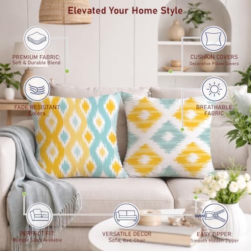 STITCHNEST Ikat Yellow Teal Printed Poly Cotton Cushion Covers, Yellow Teal Combo Set of 2 (24 x 24 Inches with Filler) - Image 4