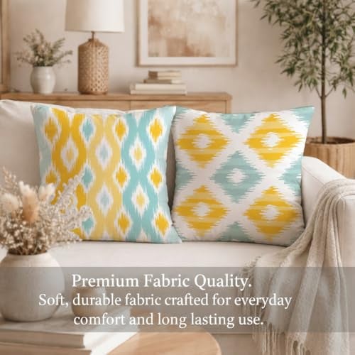 STITCHNEST Ikat Yellow Teal Printed Poly Cotton Cushion Covers, Yellow Teal Combo Set of 2 (24 x 24 Inches with Filler) - Image 3
