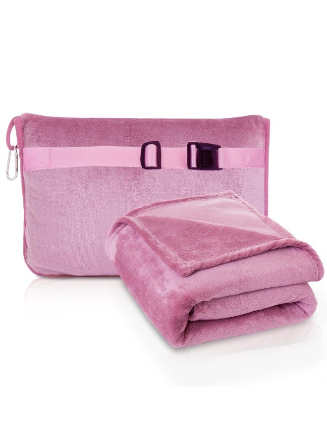 LEFAFA Travel Blanket Pillow, Premium Soft 2 in 1 Airplane Blanket with Soft Bag Pillowcase, Compact Hand Luggage Sleeve and Backpack Clip, Travel Essentials for Long Trips, Flying and Car(Pink)  - Image 1