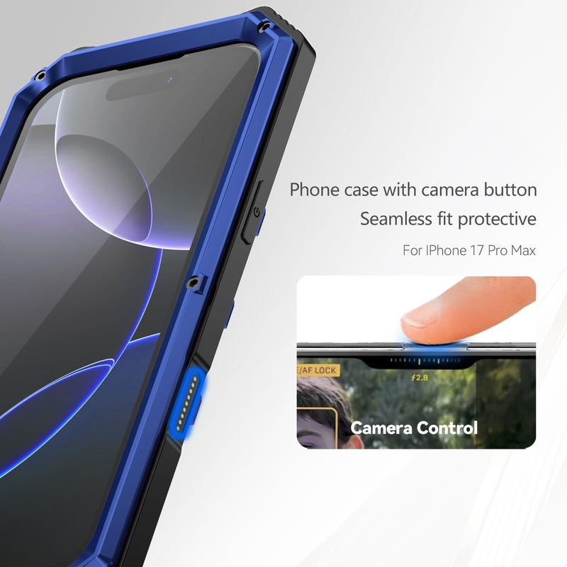 Simicoo Military Metal Heavy Duty Case Compatible with iPhone 17 Pro Max, Drop Protection Rugged Defender Metal Bumper Screws Case with Stand Gorilla Glass Camera Cover Full Body Dustproof Blue - Image 3