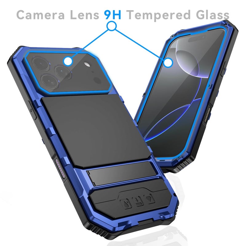 Simicoo Military Metal Heavy Duty Case Compatible with iPhone 17 Pro Max, Drop Protection Rugged Defender Metal Bumper Screws Case with Stand Gorilla Glass Camera Cover Full Body Dustproof Blue - Image 4
