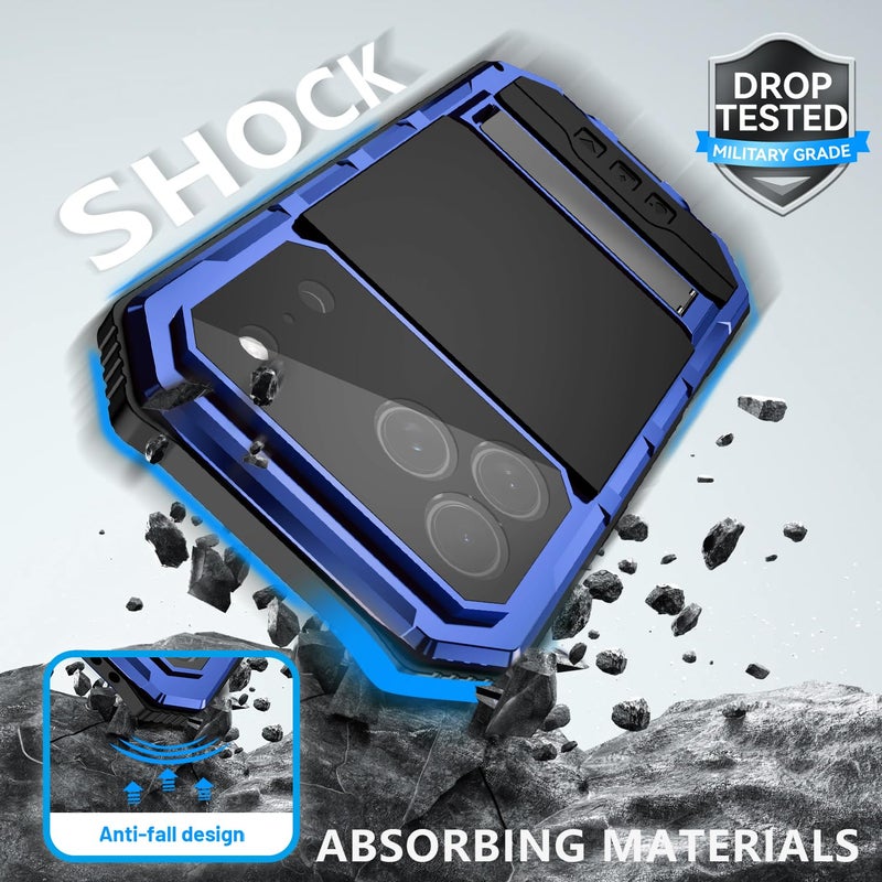 Simicoo Military Metal Heavy Duty Case Compatible with iPhone 17 Pro Max, Drop Protection Rugged Defender Metal Bumper Screws Case with Stand Gorilla Glass Camera Cover Full Body Dustproof Blue - Image 2