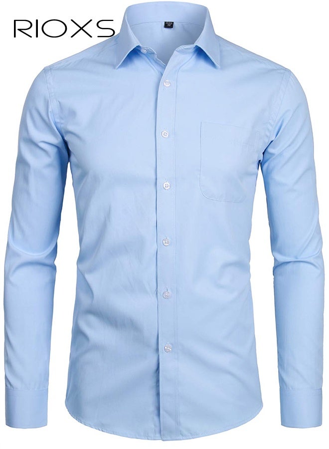 ريوكس قميص رسمي للرجال، قميص رجالي أزرق، قميص رسمي بأكمام طويلة بياقة قائمة مع جيب على الصدر، ملابس مكتبية كاجوال للعمل، قماش خفيف الوزن يسمح بمرور الهواء، قميص رجالي بياقة ضيقة بأزرار لأسفل، قميص رجالي متعدد الاستخدامات في جميع المواسم، قميص رسمي لضيوف حفل الزفاف، ملابس مناسبة لحفلات العشاء - Image 1
