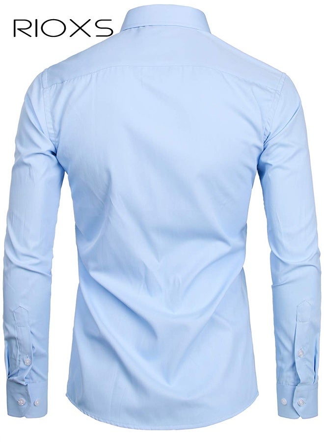 ريوكس قميص رسمي للرجال، قميص رجالي أزرق، قميص رسمي بأكمام طويلة بياقة قائمة مع جيب على الصدر، ملابس مكتبية كاجوال للعمل، قماش خفيف الوزن يسمح بمرور الهواء، قميص رجالي بياقة ضيقة بأزرار لأسفل، قميص رجالي متعدد الاستخدامات في جميع المواسم، قميص رسمي لضيوف حفل الزفاف، ملابس مناسبة لحفلات العشاء - Image 2