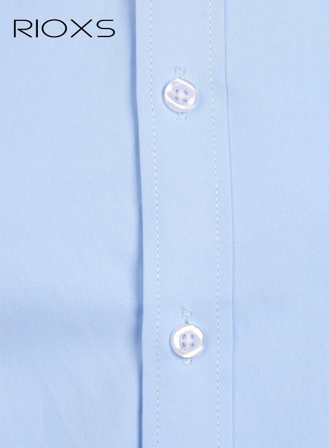 ريوكس قميص رسمي للرجال، قميص رجالي أزرق، قميص رسمي بأكمام طويلة بياقة قائمة مع جيب على الصدر، ملابس مكتبية كاجوال للعمل، قماش خفيف الوزن يسمح بمرور الهواء، قميص رجالي بياقة ضيقة بأزرار لأسفل، قميص رجالي متعدد الاستخدامات في جميع المواسم، قميص رسمي لضيوف حفل الزفاف، ملابس مناسبة لحفلات العشاء - Image 4