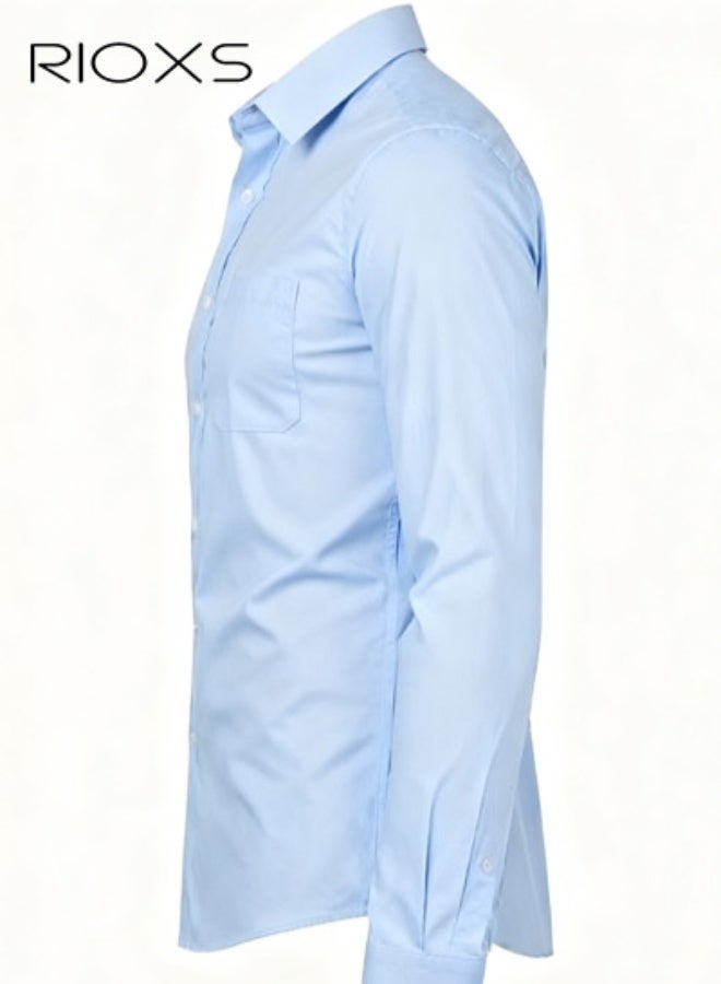 ريوكس قميص رسمي للرجال، قميص رجالي أزرق، قميص رسمي بأكمام طويلة بياقة قائمة مع جيب على الصدر، ملابس مكتبية كاجوال للعمل، قماش خفيف الوزن يسمح بمرور الهواء، قميص رجالي بياقة ضيقة بأزرار لأسفل، قميص رجالي متعدد الاستخدامات في جميع المواسم، قميص رسمي لضيوف حفل الزفاف، ملابس مناسبة لحفلات العشاء - Image 3