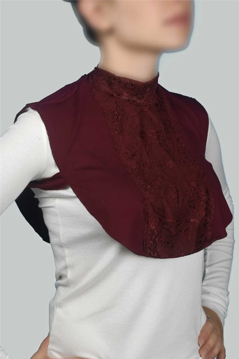 Altobeh Women's Combed Cotton Hijab Flat Collar Lace Neck Collar - Claret Red