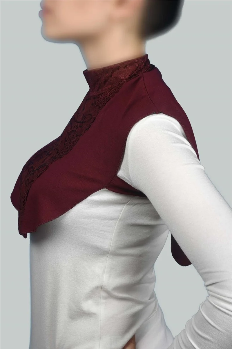 Altobeh Women's Combed Cotton Hijab Flat Collar Lace Neck Collar - Claret Red
