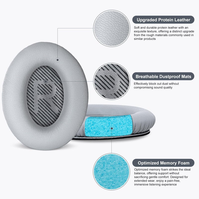 Aurivor Replacement Ear-Pads for Bose Quiet-Comfort QC 35 (ii) 25 15 2 Headphones, Upgraded Cushion for QC35 (ii) QC25 QC15 QC2 SoundTrue/SoundLink AE2/AE2i/AE2w Around-Ear Headphones (Silver) - Image 3